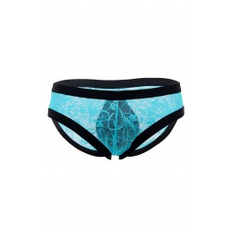 Un slip pour homme en dentelle turquoise avec bordures élastiques noires et un motif floral entièrement en dentelle. 14,85€