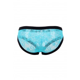 Un slip pour homme en dentelle turquoise avec bordures élastiques noires et un motif floral entièrement en dentelle. 14,85€
