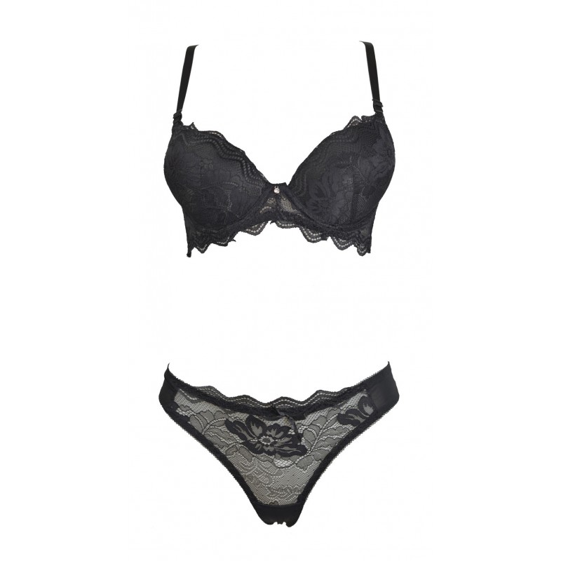 Ensemble noir soutien gorge push up bonnet B et string - du desir au plaisir